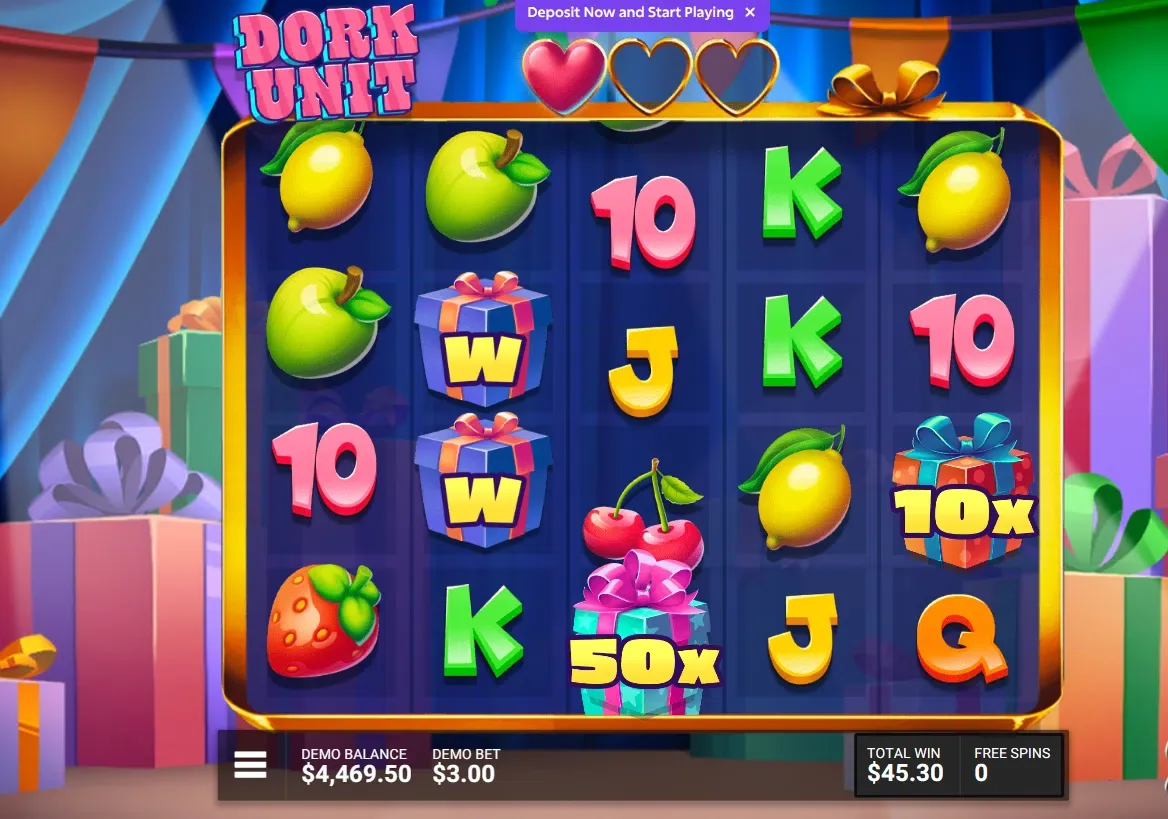 Dork Unit demo bonus screen with gift symbols and multiplier awards